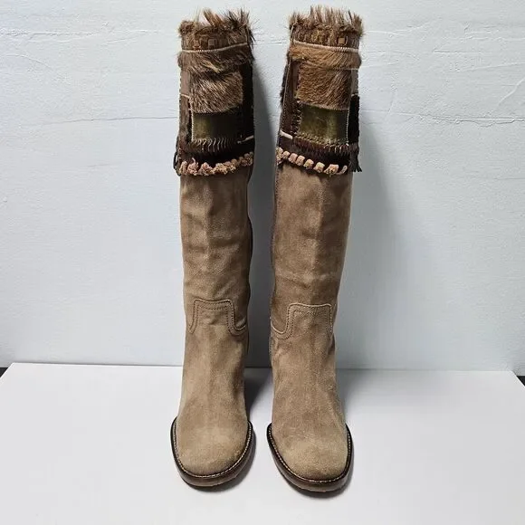 Apepazza Ninfa Boots Womens 9.5 Tan Suede Leather Wedge Boho Tribal Patchwork - Picture 2 of 14